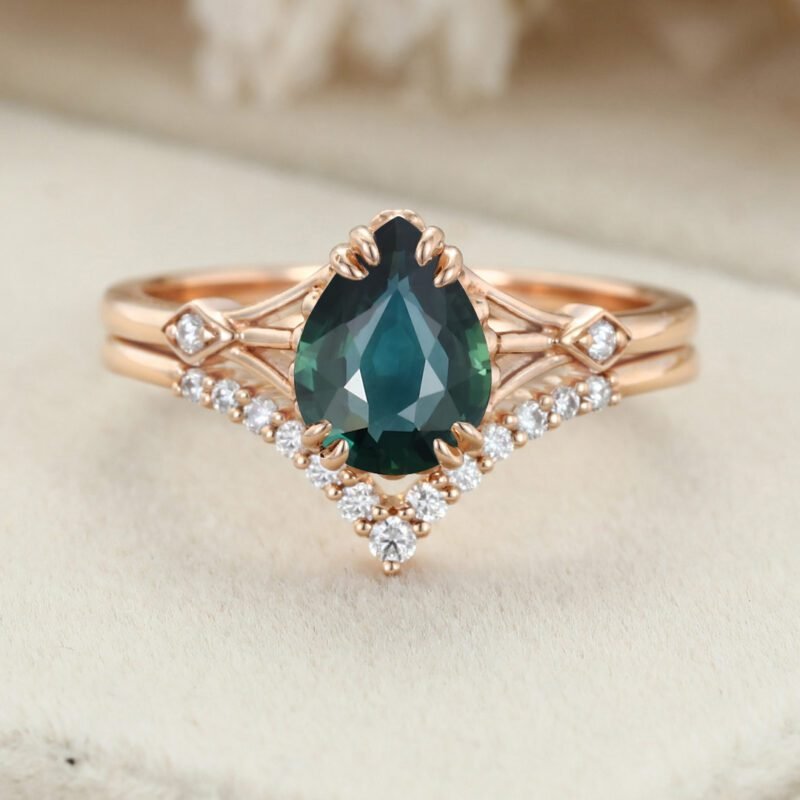 1.5ct Pear Blue green sapphire engagement set vintage Rose gold engagement ring set women Moissanite Bridal Anniversary gift ring