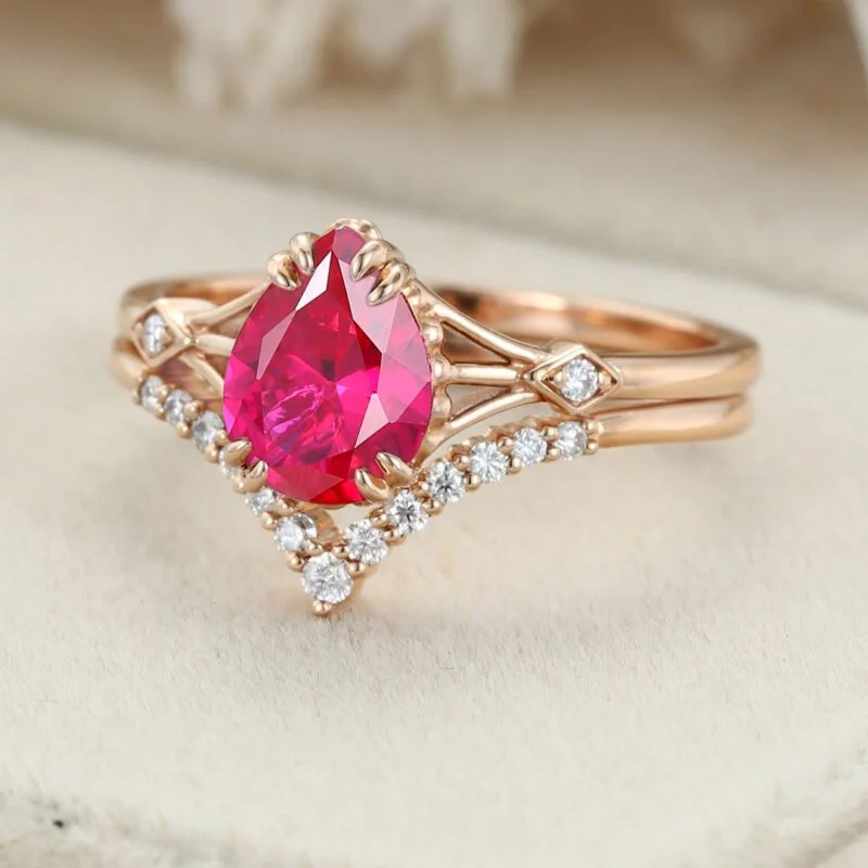 1.5ct Pear Shaped Engagement Ring set Rose Gold Lab Ruby Engagement Ring Unique Marquise cut diamondMoissanite ring Anniversary gift