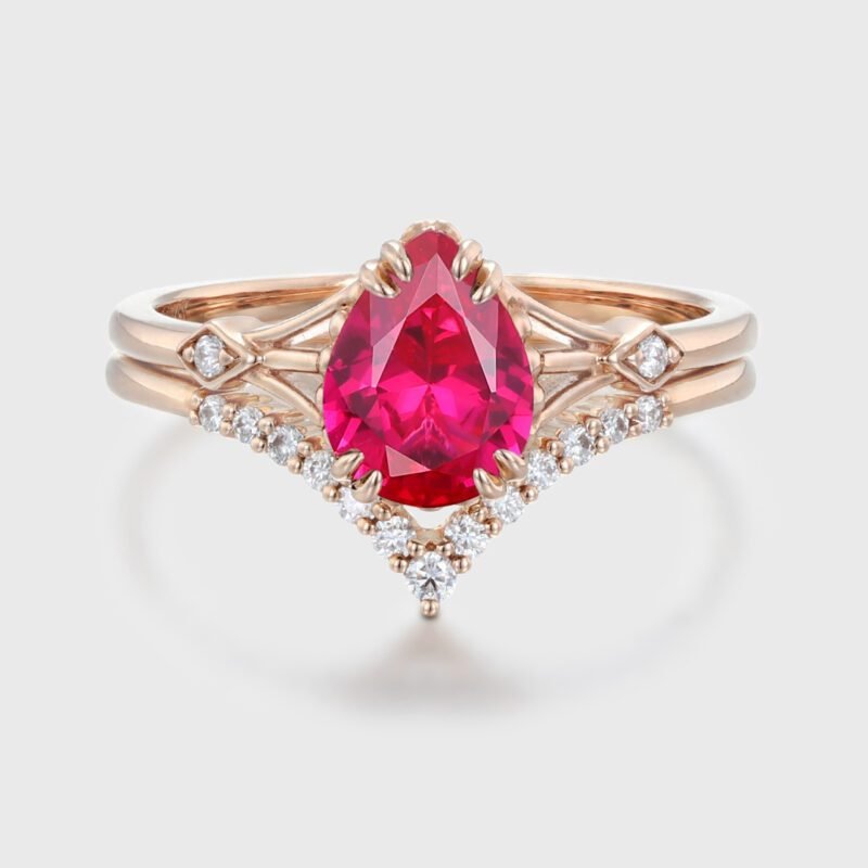 1.5ct Pear Shaped Engagement Ring set Rose Gold Lab Ruby Engagement Ring Unique Marquise cut diamondMoissanite ring Anniversary gift