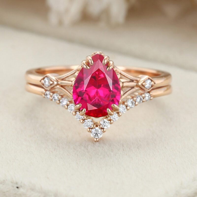 1.5ct Pear Shaped Engagement Ring set Rose Gold Lab Ruby Engagement Ring Unique Marquise cut diamondMoissanite ring Anniversary gift