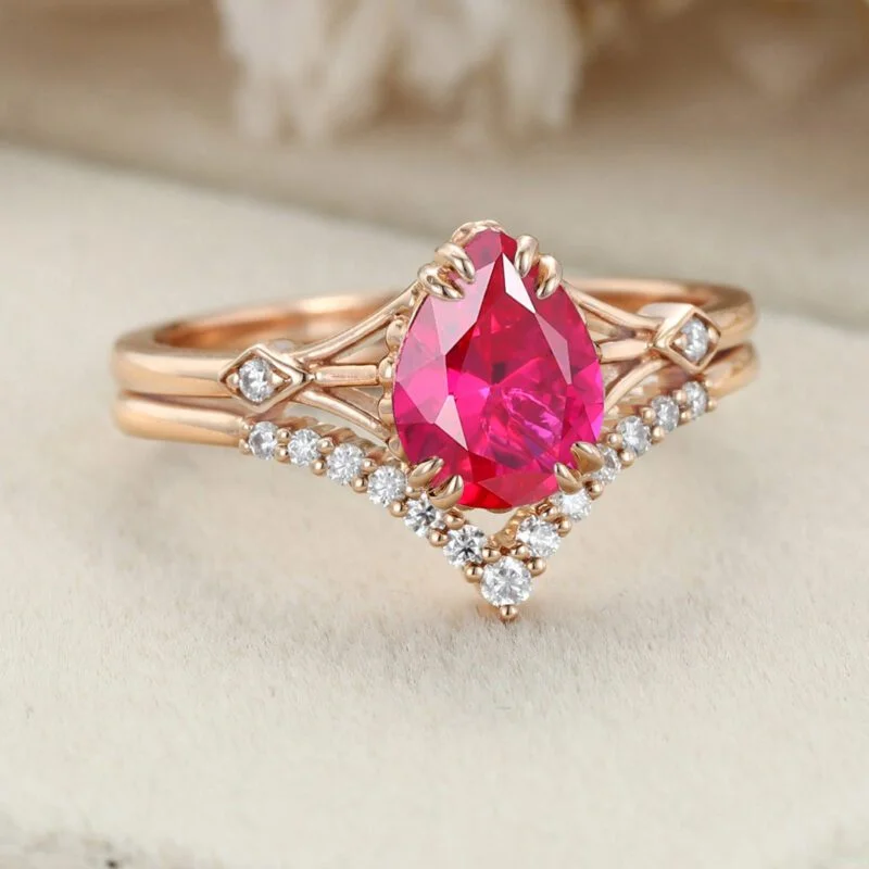 1.5ct Pear Shaped Engagement Ring set Rose Gold Lab Ruby Engagement Ring Unique Marquise cut diamondMoissanite ring Anniversary gift