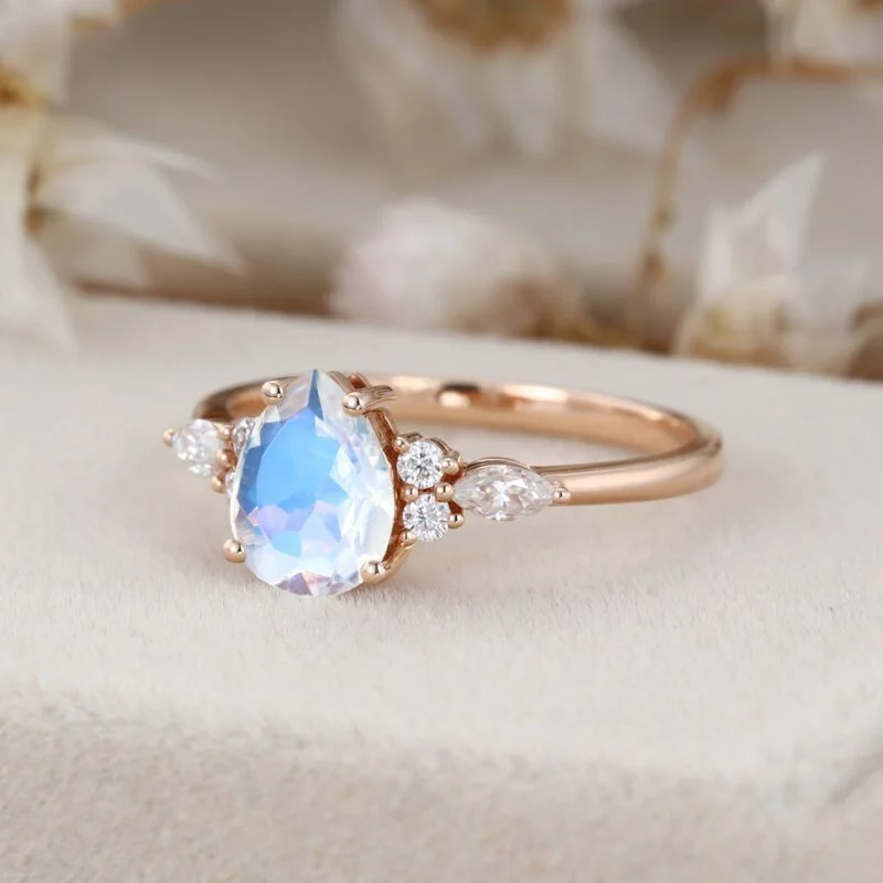 1.5CT Pear Shaped Moonstone Engagement Ring Vintage 14K Rose Gold Ring Marquise Diamond Wedding Ring Women's June Birthstone