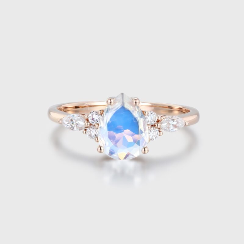 1.5CT Pear Shaped Moonstone Engagement Ring Vintage 14K Rose Gold Ring Marquise Diamond Wedding Ring Women's June Birthstone