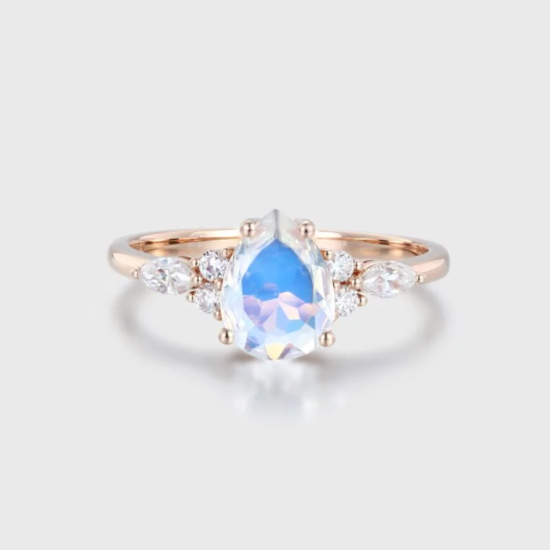 1.5CT Pear Shaped Moonstone Engagement Ring Vintage 14K Rose Gold Ring Marquise Diamond Wedding Ring Women's June Birthstone