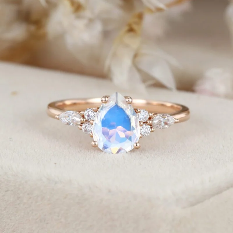 1.5CT Pear Shaped Moonstone Engagement Ring Vintage 14K Rose Gold Ring Marquise Diamond Wedding Ring Women's June Birthstone