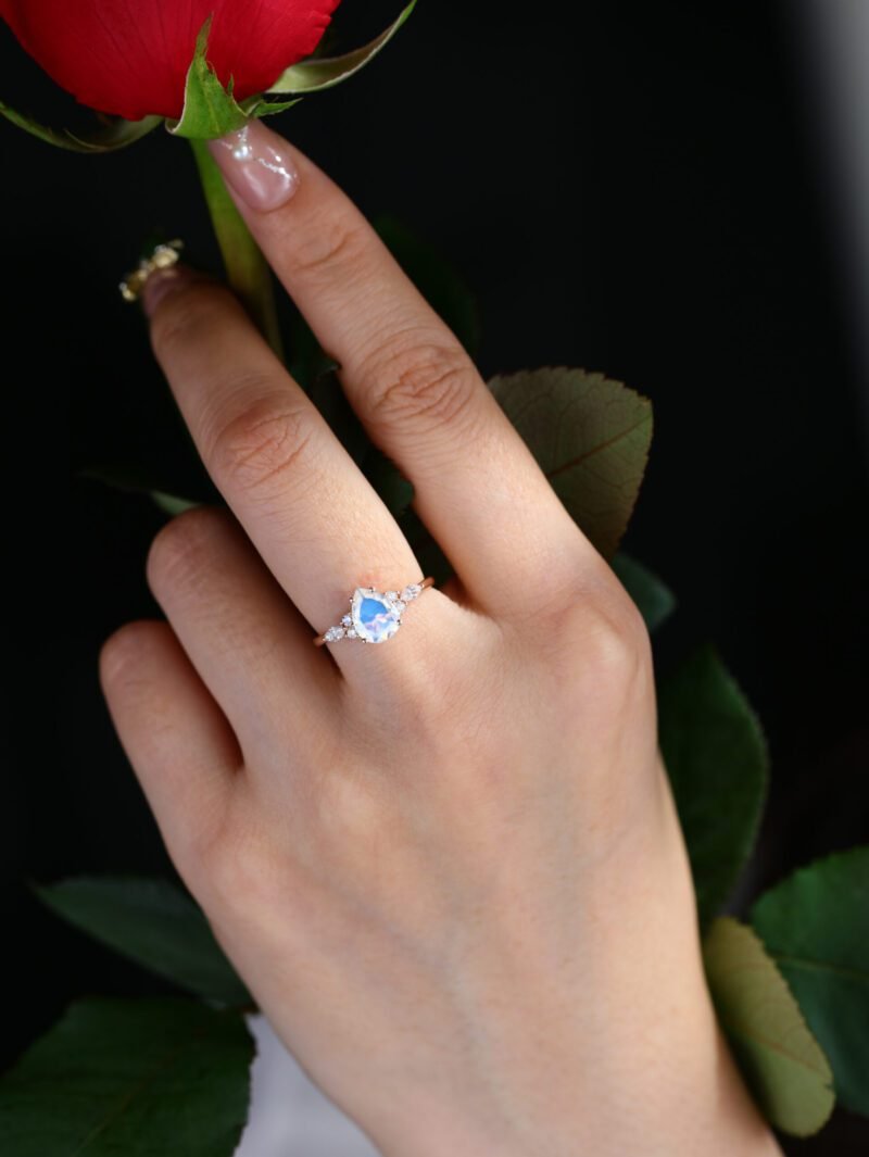 1.5CT Pear Shaped Moonstone Engagement Ring Vintage 14K Rose Gold Ring Marquise Diamond Wedding Ring Women's June Birthstone