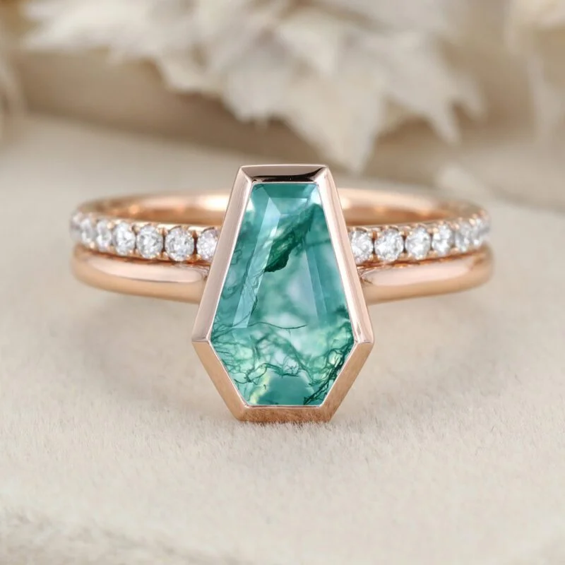 1.8CT Coffin Cut Bezel Natural Moss Agate Ring Set Moss Agate Solitaire Engagement Ring Rose Gold Ring Half Eternity Band Diamond Wedding Ring