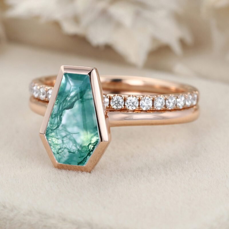 1.8CT Coffin Cut Bezel Natural Moss Agate Ring Set Moss Agate Solitaire Engagement Ring Rose Gold Ring Half Eternity Band Diamond Wedding Ring