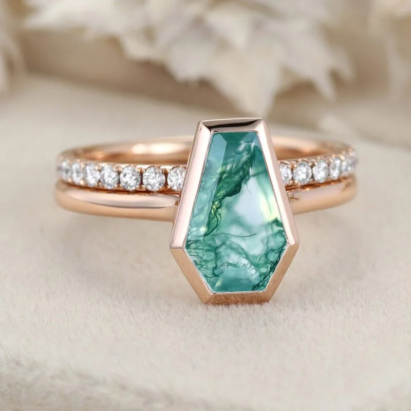 1.8CT Coffin Cut Bezel Natural Moss Agate Ring Set Moss Agate Solitaire Engagement Ring Rose Gold Ring Half Eternity Band Diamond Wedding Ring