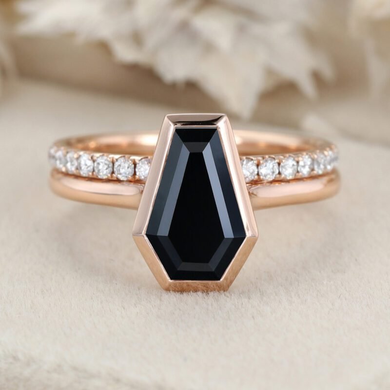 1.8CT Coffin Cut Bezel Statement Bridal Ring Set Black Onyx Solitaire Engagement Ring Rose Gold Ring Half Eternity Band Diamond Wedding Ring