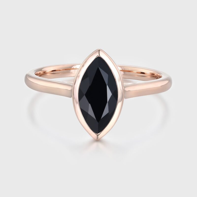 Bezel Set Marquise Cut Black Onyx Ring 14K Rose Gold Solitaire Minimalist Engagement Bridal Promise Anniversary Gift For Women