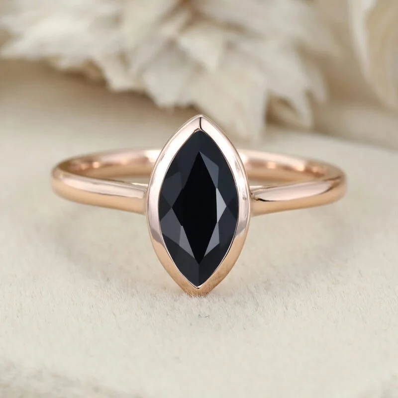 10x5mm Marquise Cut Black Onyx Ring Solitaire Ring 14K Rose Gold Bezel Set Engagement Ring For Her