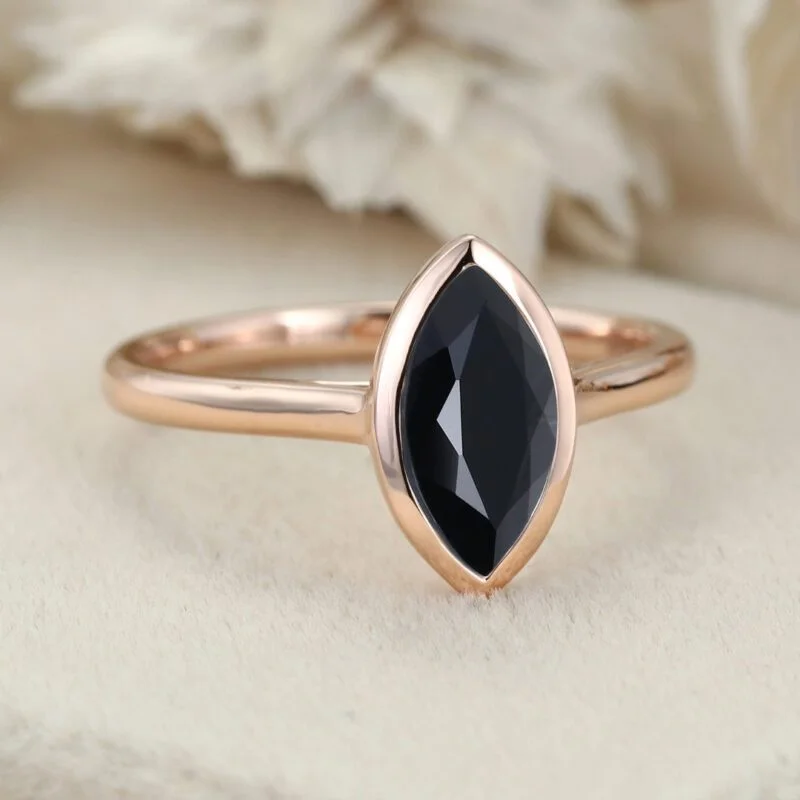 10x5mm Marquise Cut Black Onyx Ring Solitaire Ring 14K Rose Gold Bezel Set Engagement Ring For Her