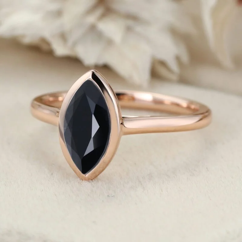 10x5mm Marquise Cut Black Onyx Ring Solitaire Ring 14K Rose Gold Bezel Set Engagement Ring For Her