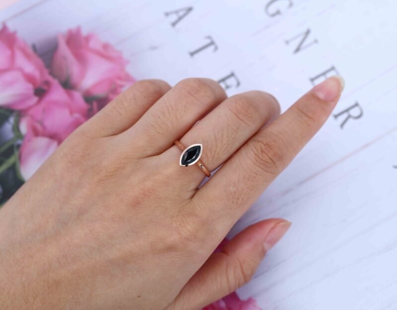 10x5mm Marquise Cut Black Onyx Ring Solitaire Ring 14K Rose Gold Bezel Set Engagement Ring For Her