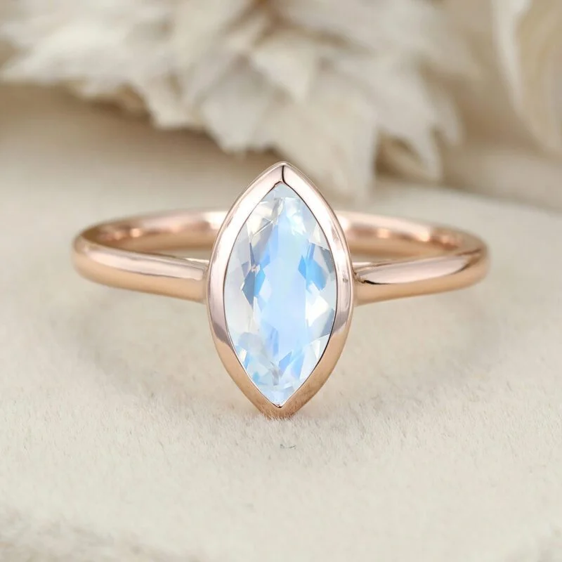 10x5mm Marquise Cut Moonstone Ring Bezel Set Solitaire Ring 14K Rose Gold Bezel Engagement Ring