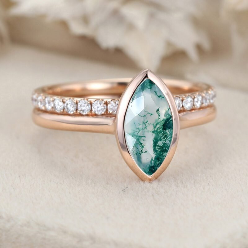 10x5mm Marquise Cut Natural Moss Agate Ring Bezel 14K Rose Gold Moss Agate Engagement Ring Set Half Eternity Moissanite Wedding Ring
