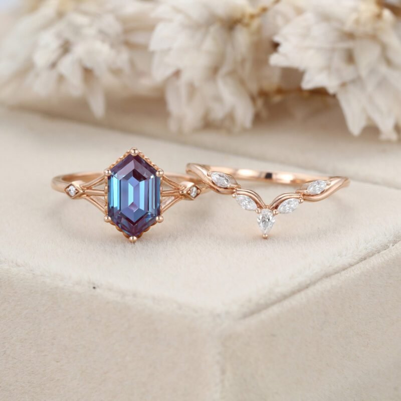 10x6mmHexagon Cut Alexandrite Engagement Ring Set Vintage Rose Gold Moissanite Wedding Ring Bridal Set Anniversary Gift