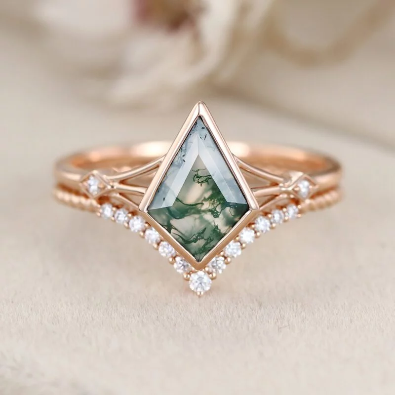 10x7mm Green Moss Agate Engagement Ring Set In 14K Rose Gold