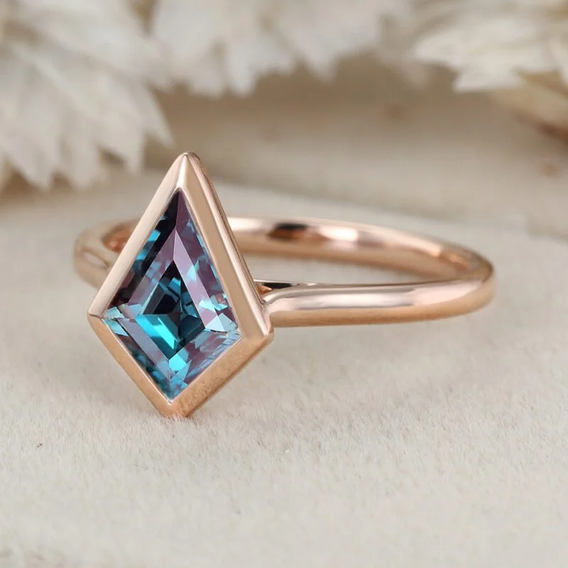 10x7mm Kite Cut Lab Alexandrite Ring Rose Gold Bezel Alexandrite Engagement Ring Anniversary Gift