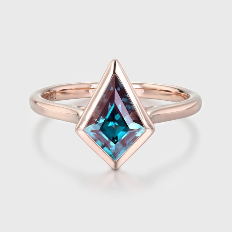 10x7mm Kite Cut Lab Alexandrite Ring Rose Gold Bezel Engagement Bridal Promise Anniversary Gift For Women