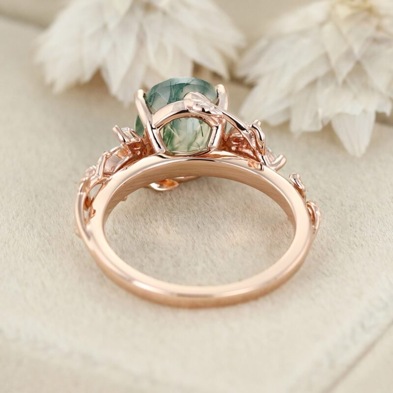 10x8mm Oval Shaped Moss agate engagement ring vintage 14K rose gold moissanite ring leaf cluster ring Bridal Anniversary gift