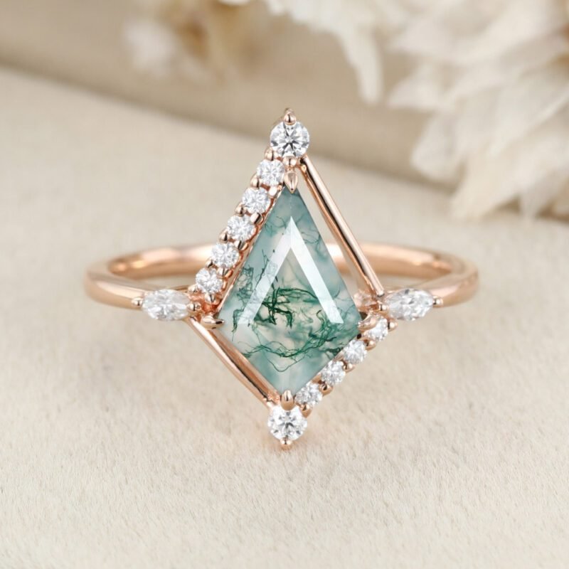 14K Rose Gold Engagement Ring Kite Cut Natural Moss Agate Ring Marquise Diamond Ring Women's Anniversary Gift