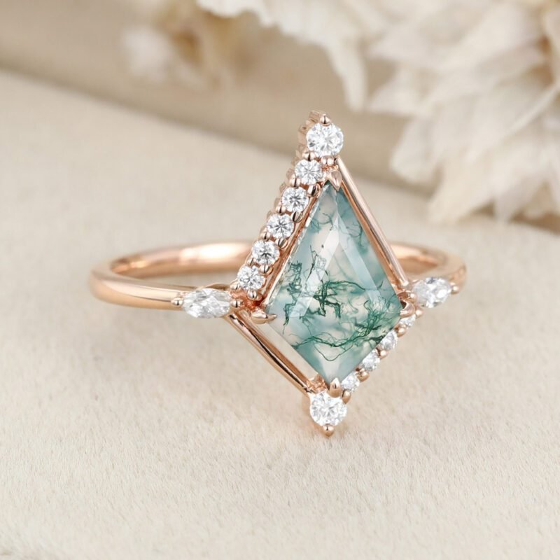 14K Rose Gold Engagement Ring Kite Cut Natural Moss Agate Ring Marquise Diamond Ring Women's Anniversary Gift