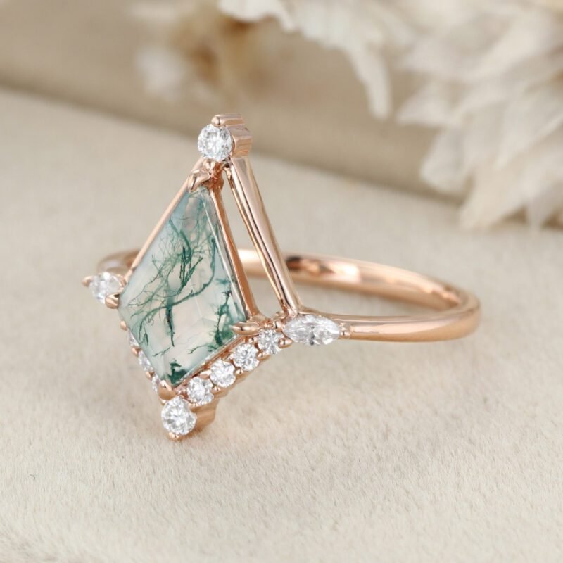 14K Rose Gold Kite Cut Natural Moss Agate Engagement Ring Marquise Diamond Wedding Ring Promise Anniversary Gift For Women