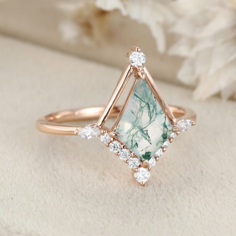 14K Rose Gold Kite Cut Natural Moss Agate Engagement Ring Marquise Diamond Wedding Ring Promise Anniversary Gift For Women