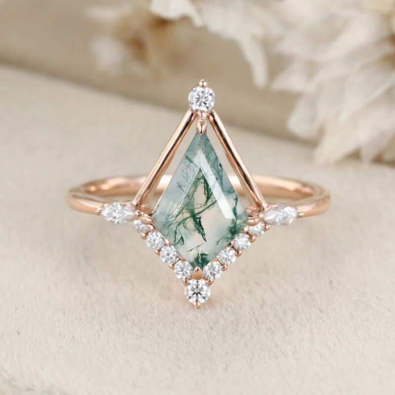 14K Rose Gold Kite Cut Natural Moss Agate Engagement Ring Marquise Diamond Wedding Ring Promise Anniversary Gift For Women