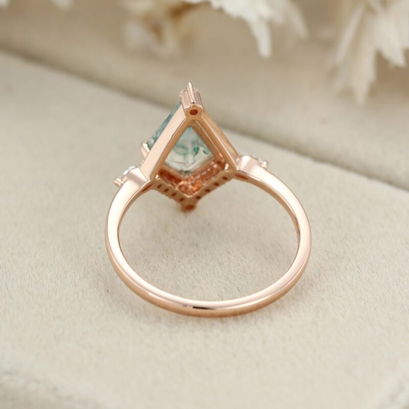 14K Rose Gold Kite Cut Natural Moss Agate Engagement Ring Marquise Diamond Wedding Ring Promise Anniversary Gift For Women