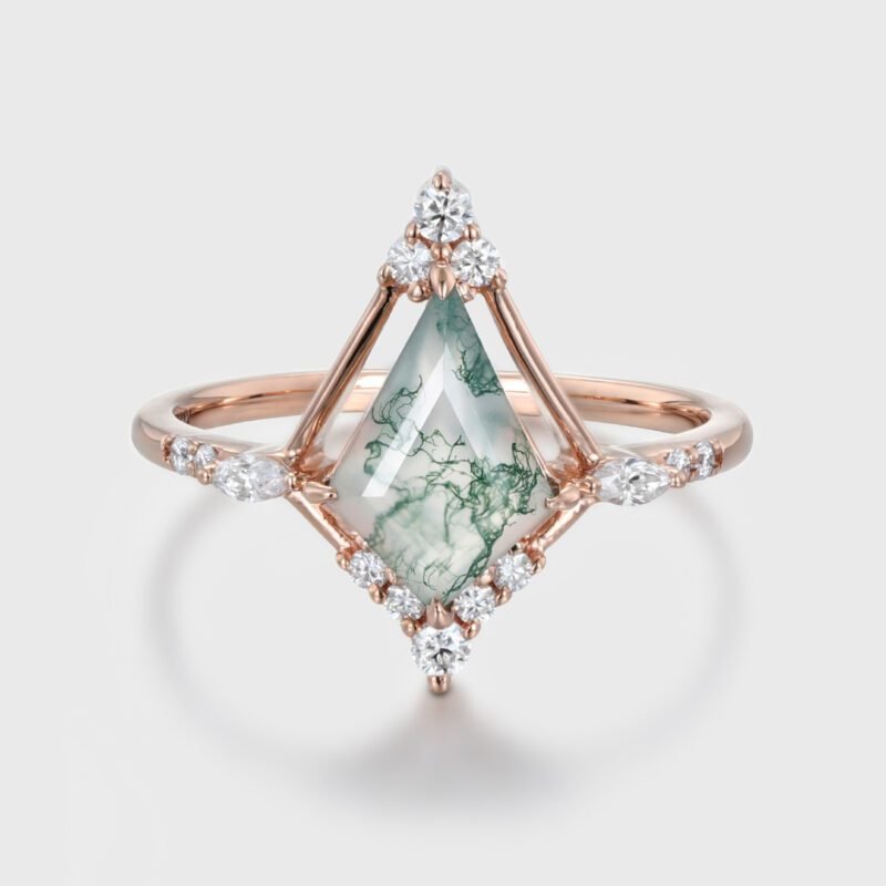 14K Rose Gold Ring Kite Cut Natural Moss Agate Engagement Ring Vintage Marquise Moissanite Ring Women's Anniversary ring for her