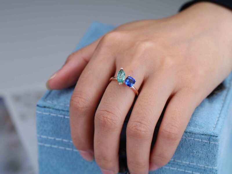 14K Rose Gold Toi Et Moi Ring Two Stone Ring Cushion Cut Lab Sapphire & Marquise Light Green Lab-Grown Sapphire Ring