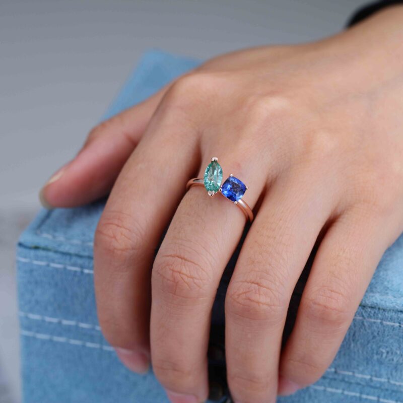 14K Rose Gold Toi Et Moi Ring Two Stone Ring Cushion Cut Lab Sapphire & Marquise Light Green Lab-Grown Sapphire Ring