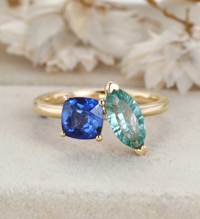 14K Rose Gold Toi Et Moi Ring Two Stone Ring Cushion Cut Lab Sapphire & Marquise Light Green Lab-Grown Sapphire Ring