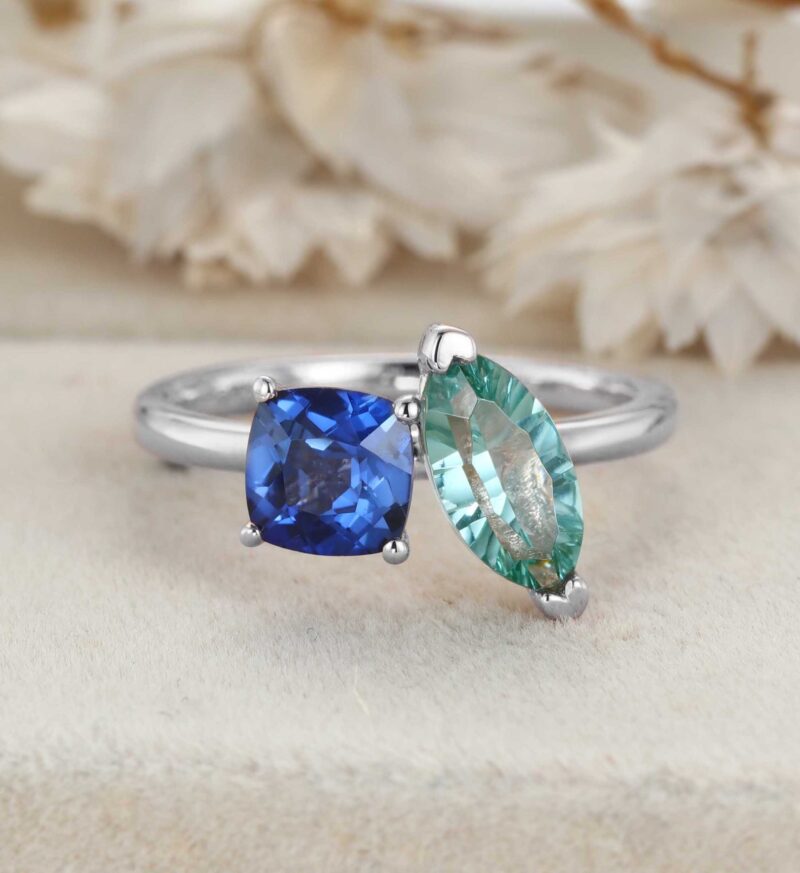 14K Rose Gold Toi Et Moi Ring Two Stone Ring Cushion Cut Lab Sapphire & Marquise Light Green Lab-Grown Sapphire Ring