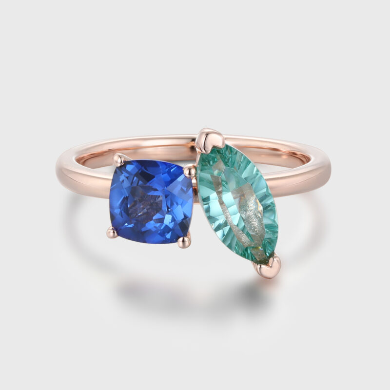 14K Rose Gold Toi Et Moi Ring Two Stone Ring Cushion Cut Lab Sapphire & Marquise Light Green Lab-Grown Sapphire Ring