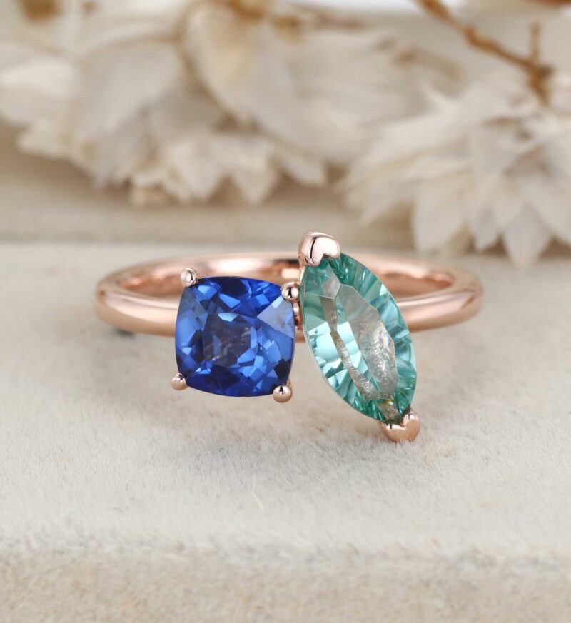 14K Rose Gold Toi Et Moi Ring Two Stone Ring Cushion Cut Lab Sapphire & Marquise Light Green Lab-Grown Sapphire Ring