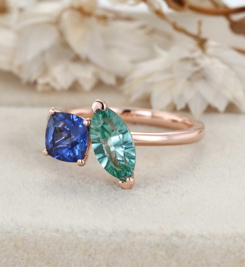 14K Rose Gold Toi Et Moi Ring Two Stone Ring Cushion Cut Lab Sapphire & Marquise Light Green Lab-Grown Sapphire Ring