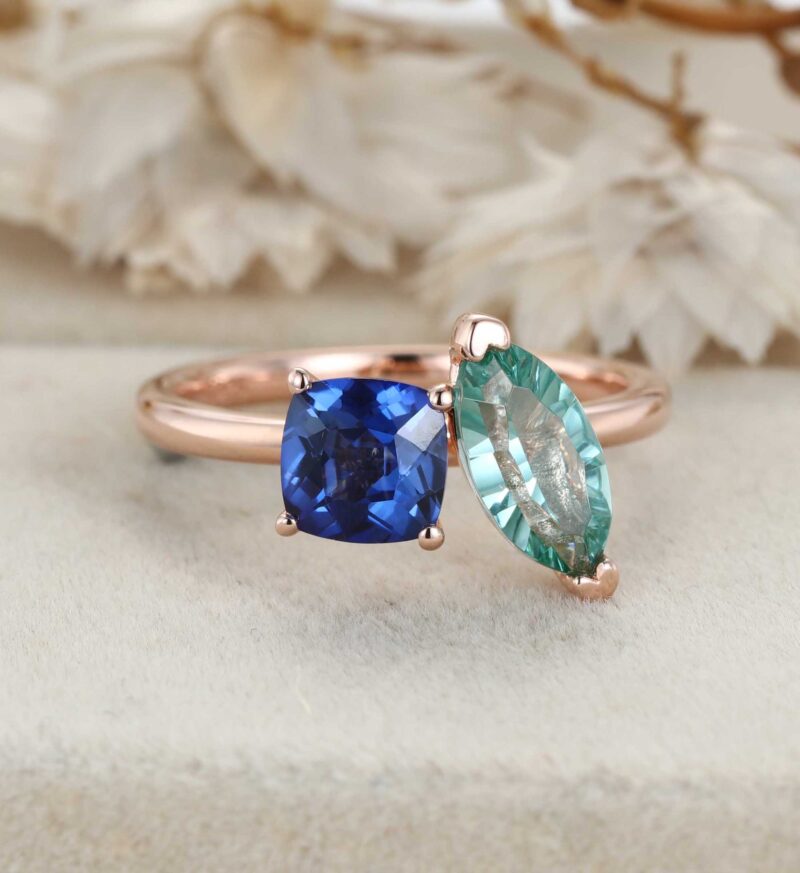 14K Rose Gold Toi Et Moi Ring Two Stone Ring Cushion Cut Lab Sapphire & Marquise Light Green Lab-Grown Sapphire Ring