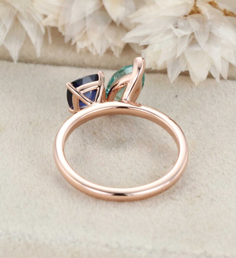 14K Rose Gold Toi Et Moi Ring Two Stone Ring Cushion Cut Lab Sapphire & Marquise Light Green Lab-Grown Sapphire Ring