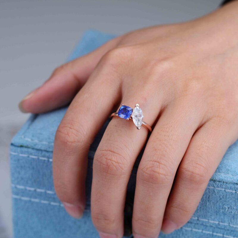 14K Rose Gold Toi Et Moi Ring Two Stone Ring Cushion Cut Lab Sapphire & Marquise Moissanite Ring