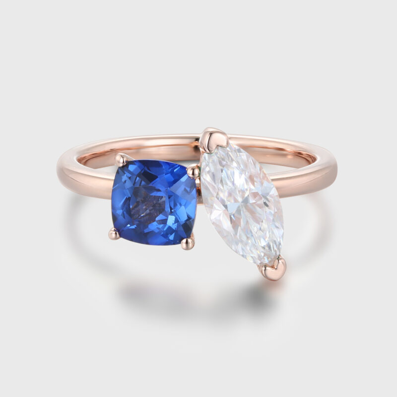 14K Rose Gold Toi Et Moi Ring Two Stone Ring Cushion Cut Lab Sapphire & Marquise Moissanite Ring