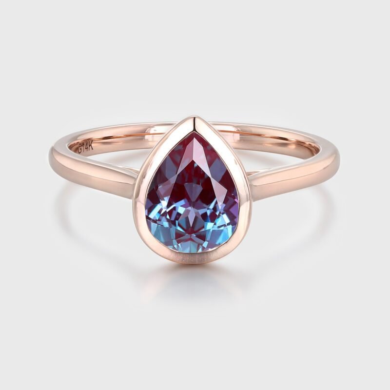 14K Rose Gold 8x6mm Pear Shaped Bezel Set Alexandrite Ring Simple Solitaire Bridal Promise Ring