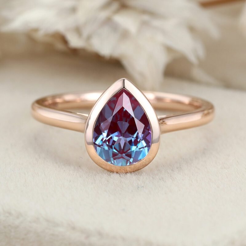 14K Solid Gold Engagement Ring 8x6mm Pear Shaped Bezel Alexandrite Ring Simple Pear Bridal Promise Ring