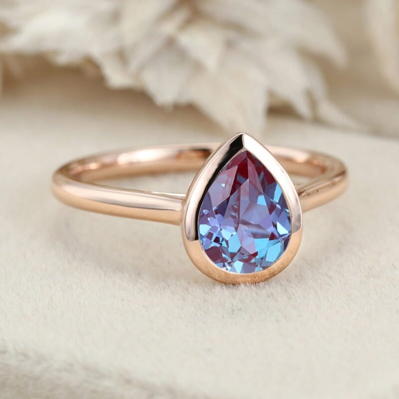 14K Solid Gold Engagement Ring 8x6mm Pear Shaped Bezel Alexandrite Ring Simple Pear Bridal Promise Ring