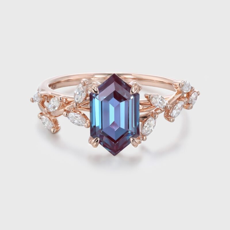 14K Solid Gold Hexagon Cut Alexandrite Engagement Ring With Elegant Branch Design and Marquise Moissanite Ring