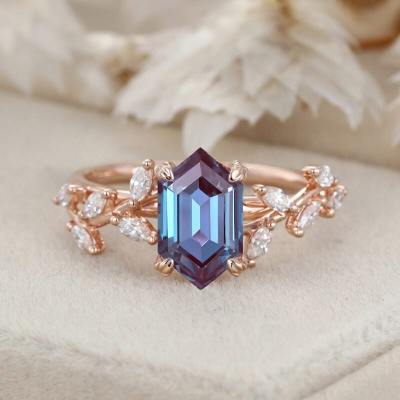 14K Solid Gold Hexagon Cut Alexandrite Engagement Ring With Elegant Branch Design and Marquise Moissanite Ring