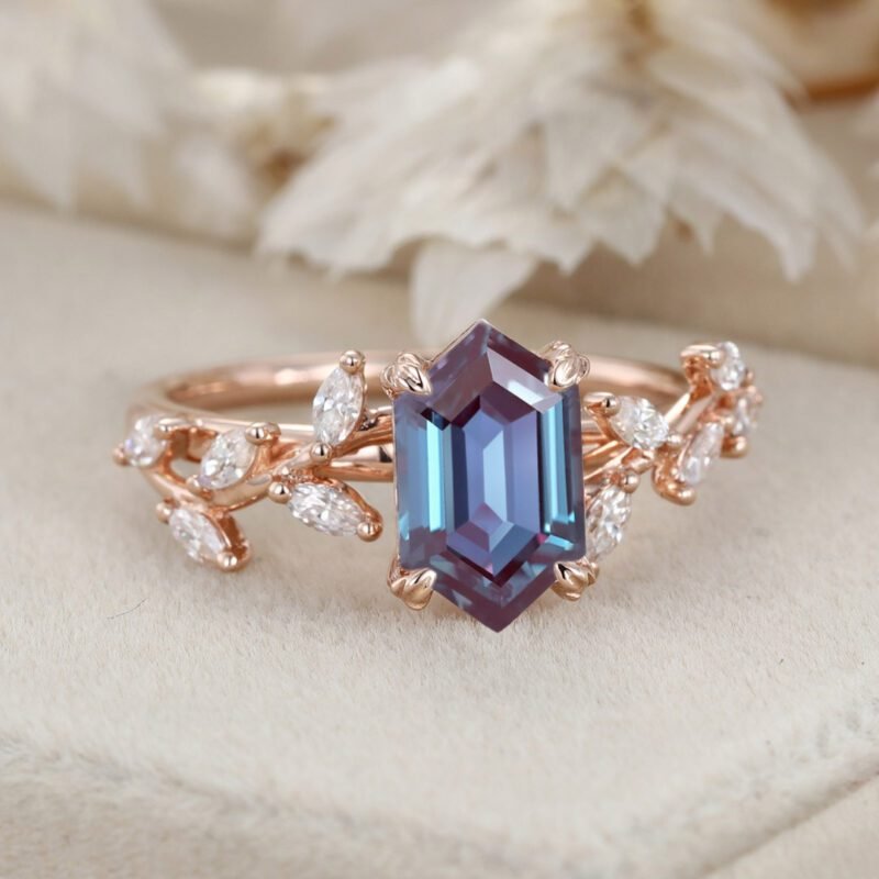 14K Solid Gold Hexagon Cut Alexandrite Engagement Ring With Elegant Branch Design and Marquise Moissanite Ring